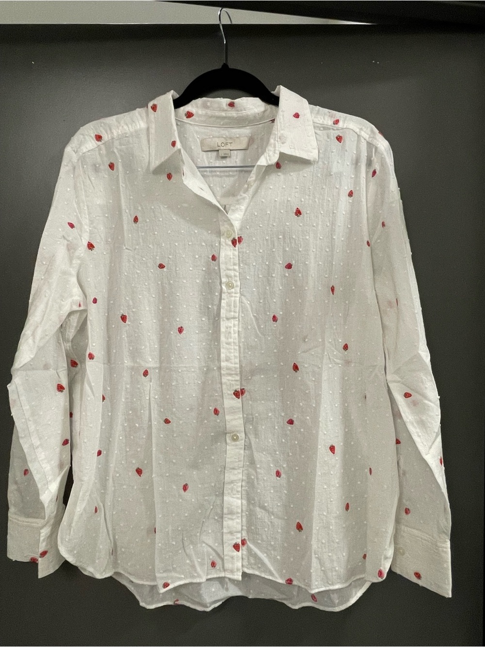 LOFT White Button-Up Shirt with Red Strawberry Print